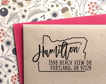 Custom Oregon Map Return Address Stamp, perfect gift for holidays, housewarming parties and weddings or as Business Card