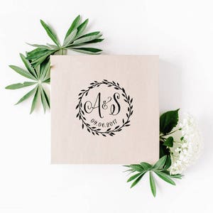 Custom wedding stamp, circular monogram save the date stamp with wedding date and initials, rubber stamp and self inking stamp image 2