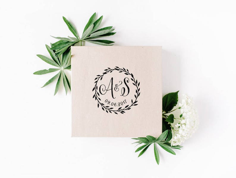 Custom wedding stamp, circular monogram save the date stamp with wedding date and initials, rubber stamp and self inking stamp image 2