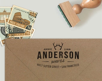 Custom Address Stamp with antlers in a hipster design, return address stamp, wedding stamp, housewarming gift