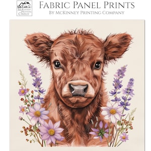 Cow Print Fabric, Highland Cow Print, Lilac, Farm, Floral, Canvas, Wall Art, Large Print Fabric, Fabric Panel, Block Print, Quilting, Quilt