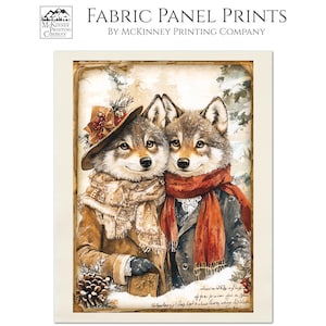 May include: A fabric panel print featuring two wolves wearing winter clothing. The wolves are standing in a snowy forest setting. The print is titled "Cotton (Bone)" and is printed on high-quality 100% Kona cotton fabric.