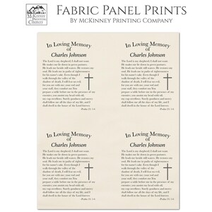 May include: Fabric panel prints featuring four individual labels with the text "In Loving Memory of Charles Johnson" and a cross graphic. The labels are printed on high-quality Kona cotton fabric.