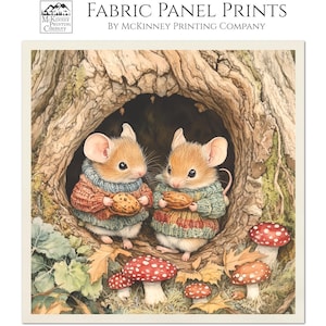 May include: Two mice wearing knitted sweaters are peeking out of a tree trunk. They are holding nuts in their paws. The background features autumn leaves and red mushrooms.