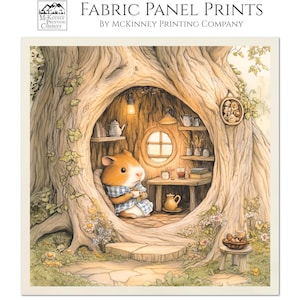 May include: A fabric panel print featuring a whimsical illustration of a small animal sitting in a tree hollow with a cup of tea. The print is on a 100% Kona cotton fabric and is titled "Cotton (Bone)".