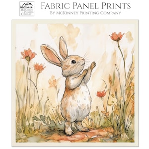 May include: A watercolor illustration of a white rabbit standing in a field of wildflowers. The rabbit is looking up and has its paws raised. The background is a soft yellow and orange.