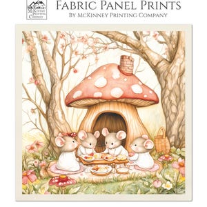 May include: Four mice are having a picnic under a large mushroom house in a forest setting. The mushroom is pink with white polka dots. The mice are wearing dresses and are sitting at a table with food and drinks. The background is a forest with trees and flowers.