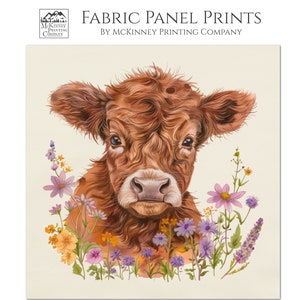 Cow Fabric, Highland Cow Print, Farm, Floral, Calf, Canvas, Wall Art, Large Print Fabric, Fabric Panel, Block Print, Cotton, Quilting, Quilt