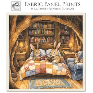May include: Fabric panel print featuring a cozy scene of two rabbits reading in bed, with a third rabbit in a nearby armchair. The print is set in a rustic, wooden-beamed room with a bookshelf. The text "FABRIC PANEL PRINTS" is visible.