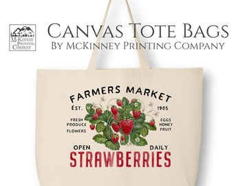 Strawberry Bag, Farmers Market, Grocery, Reusable, Laundry, Travel, Large Canvas Tote Bag, Canvas Tote Bag with Zipper, Fabric Shoulder Bag