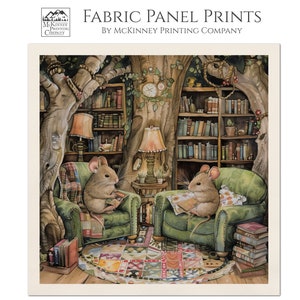 May include: A fabric panel print featuring two mice reading books in a cozy library setting. The print is on a 100% Kona cotton fabric and is available in multiple sizes. The print is titled "Cotton (Bone)".