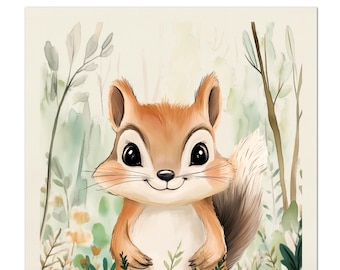 May include: Fabric panel print featuring a watercolor illustration of a smiling squirrel. The squirrel has brown fur, a white belly, and a fluffy tail. The background includes greenery and the text "FABRIC PANEL PRINTS" and "COTTON (BONE)".