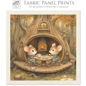May include: Fabric panel print featuring two anthropomorphic mice enjoying tea in a treehouse. The illustration is set in a forest with warm autumn colors. The print includes the text "FABRIC PANEL PRINTS" and "COTTON (BONE)".