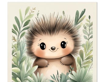 May include: Fabric panel print featuring a cute hedgehog illustration surrounded by green foliage. The hedgehog has a brown body, spiky fur, and a smiling face. The text "Fabric Panel Prints" is visible.