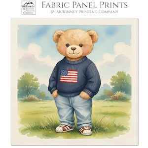 May include: A watercolor fabric panel print featuring a teddy bear wearing a navy blue sweater with an American flag design, light blue jeans, and red and white sneakers. The background shows a grassy field and a blue sky with clouds. The text "FABRIC PANEL PRINTS" is visible.