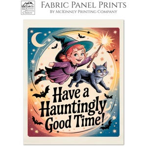 Halloween Fabric Panel, Vintage, Retro, Witch, Children, Fall, Cat, Cute, Large Print, Block Print Fabric, Cotton, Quilting, Quilt, Canvas