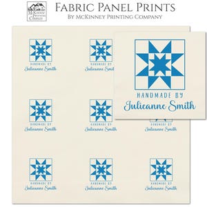 May include: Fabric panel prints on Kona cotton fabric. The panel features a repeating pattern of blue star quilt block designs. Each panel contains nine individual labels, with the text "HANDMADE BY Julieanne Smith".