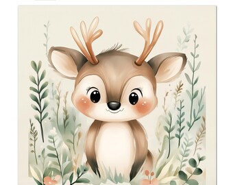 May include: Fabric panel print featuring a watercolor illustration of a cute deer with large eyes and antlers, surrounded by greenery and flowers. The text "FABRIC PANEL PRINTS" and "COTTON (BONE)" are visible.