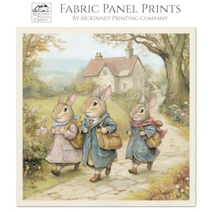 May include: Three brown rabbits wearing coats and carrying backpacks walk down a path towards a small cottage. The path is lined with trees and flowers. The image is printed on high-quality 100% Kona cotton fabric.  FABRIC PANEL PRINTS BY MCKINNEY PRINTING COMPANY. COTTON (BONE)