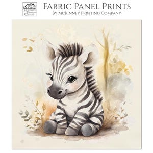 May include: Fabric panel print featuring a watercolor illustration of a baby zebra with black and white stripes. The zebra is sitting in a field of beige and brown foliage. The text "FABRIC PANEL PRINTS" and "COTTON (BONE)" are visible.