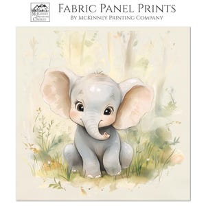 May include: A watercolor illustration of a cute baby elephant sitting in a field of green grass. The elephant is gray with pink ears and a light brown trunk. The background is a soft yellow with a watercolor effect.