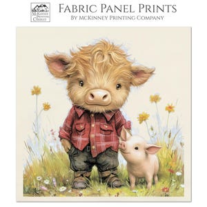 May include: A cute cartoon illustration of a brown and white Highland cow wearing a red and black plaid shirt and blue jeans, standing next to a pink piglet. The background is a field of green grass and yellow flowers. The text "COTTON (BONE)" is printed below the image.
