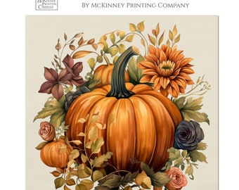 May include: A fabric panel print featuring a large orange pumpkin surrounded by fall foliage, including a sunflower, roses, and leaves. The print is on a light beige background and includes the text "FABRIC PANEL PRINTS BY MCKINNEY PRINTING COMPANY" and "(MULTIPLE SIZES AVAILABLE) COTTON".