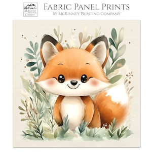 May include: A fabric panel print featuring a watercolor illustration of a smiling fox with orange fur, black ears, and a white-tipped tail. The fox is surrounded by green and beige foliage. The text "FABRIC PANEL PRINTS" and "COTTON (BONE)" are visible.