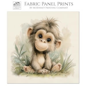 May include: Fabric panel print featuring a charming, cartoon-style monkey with large eyes and a friendly smile. The monkey is depicted in a seated position amidst green foliage. The text "FABRIC PANEL PRINTS" and "COTTON (BONE)" are visible.