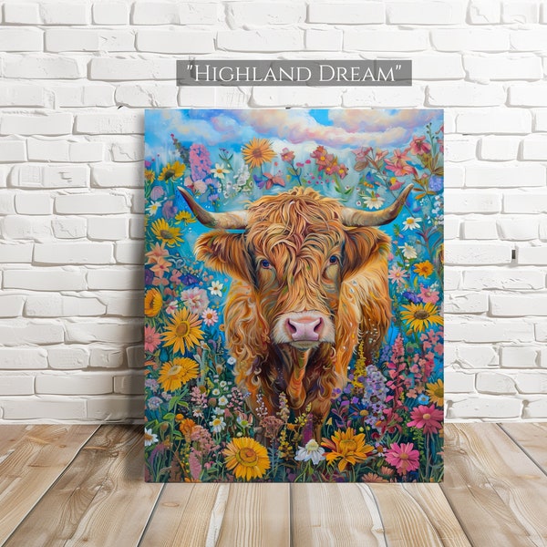 Cow Canvas Painting, Highland Cow Painting, Original, Floral, Above Bed Decor, Shelf, Hanging, Canvas Print, Panel, Wall Art, Wildflowers