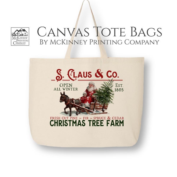 Christmas Tote Bag, Retro Tote Bag, Santa, Grocery, Reusable, Travel, Large Canvas Tote Bag, Canvas Tote Bag with Zipper, Fabric Shoulder