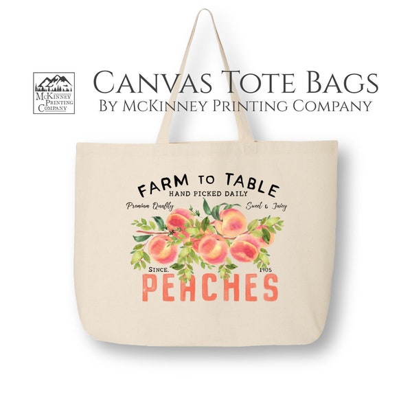 Canvas Tote Bag with Zipper, Farmers Market, Reusable Grocery Bag, Peaches, Foldable, Travel, Laptop, Large Tote Bag, Fabric Shoulder Bag