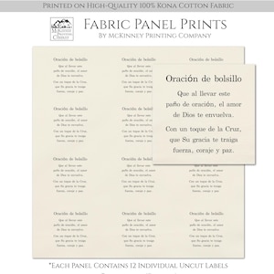 May include: A cream-colored fabric panel featuring 12 repeating printed labels with the Spanish text Oración de bolsillo, Que al llevar este paño de oración, el amor de Dios te envuelva. Con un toque de la Cruz, que Su gracia te traiga fuerza, coraje y paz.