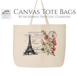 Shabby Chic Bag, Cute Canvas Tote Bag, Eiffel Tower, Paris Reusable, Large Canvas Tote Bag, Canvas Tote Bag with Zipper, Fabric Shoulder Bag