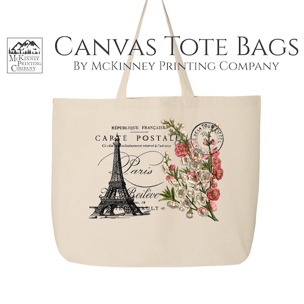 Shabby Chic Bag, Cute Canvas Tote Bag, Eiffel Tower, Paris Reusable, Large Canvas Tote Bag, Canvas Tote Bag with Zipper, Fabric Shoulder Bag