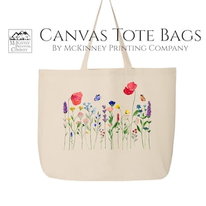 Floral Tote Bag, Personalized, Flower, Wildflower, Aesthetic, Large Canvas Bag, Canvas Tote Bag with Zipper, Fabric Shoulder Bag, Custom
