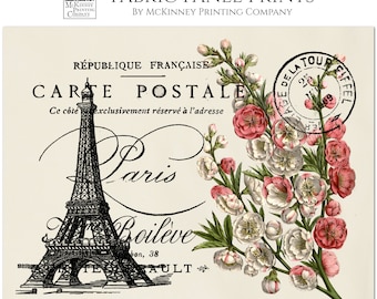 Shabby Chic Fabric, French, Paris, Eiffel Tower, Floral, Large Print Fabric, Block Print Fabric, Fabric Panel, Vintage, Crafts, Quilt, Small