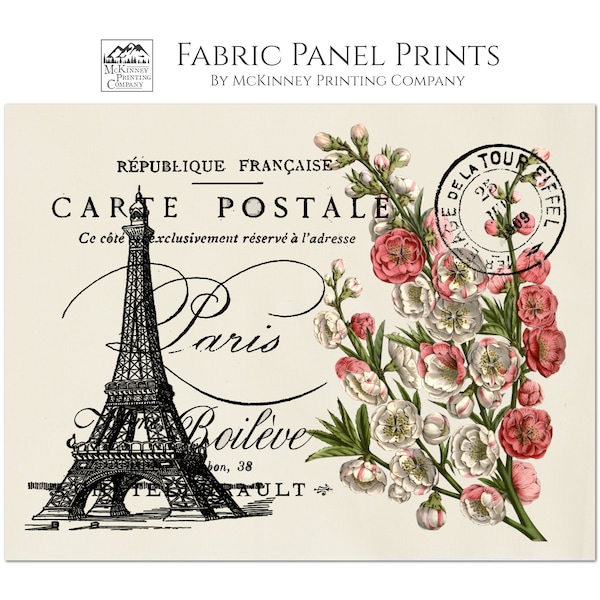 Tela estilo shabby chic, campestre francés, París, Torre Eiffel, floral, grande, estampado en bloque, postal vintage, manualidades, edredón, acolchado, arte de pared