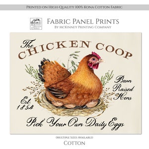 May include: A vintage-style illustration of a brown hen sitting in a nest with eggs. The text reads "The Chicken Coop Est. 1854 Barn Raised Hens Pick Your Own Daily Eggs (Multiple Sizes Available) Cotton".