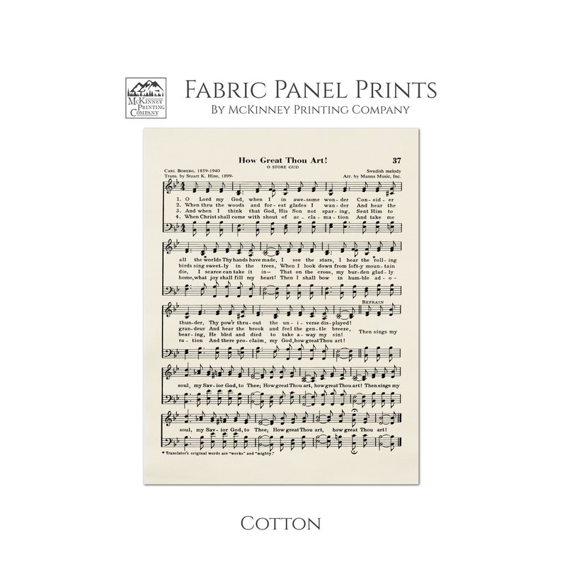 May include: A vintage sheet music print of the hymn "How Great Thou Art!" by Carl Boberg. The print features the lyrics and musical notation in black and white on a cream-colored background. The title "How Great Thou Art!" is printed in bold at the top of the sheet music.
