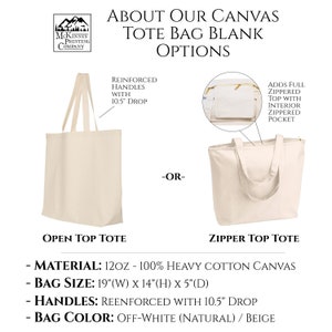 May include: Two canvas tote bags, one with an open top and one with a zippered top. Both bags are off-white and have reinforced handles with a 10.5 inch drop. The zippered tote has a full zippered top with an interior zippered pocket. The bags are made of 12 oz. 100% heavy cotton canvas. The bag size is 19 inches wide by 14 inches high by 5 inches deep. The bag color is off-white (natural) or beige.