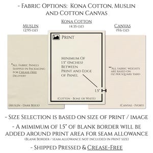 Pu&ograve; includere: Un diagramma che mostra le diverse opzioni di tessuto per una stampa, tra cui Kona Cotton, Muslin e Canvas. Il diagramma mostra un minimo di 1,5 pollici di bordo bianco attorno all'area di stampa per la tolleranza di cucitura. Tutti i pannelli di tessuto vengono spediti in un imballaggio per una consegna senza pieghe. I pesi del tessuto sono basati su once per iarda quadrata.
