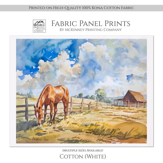 Horse Fabric, Horse Print Fabric, Horse Fabric Panels, Ranch, Watercolor, Wall Art, Large Print, Block Print Fabric, Cotton, Quilting, Quilt