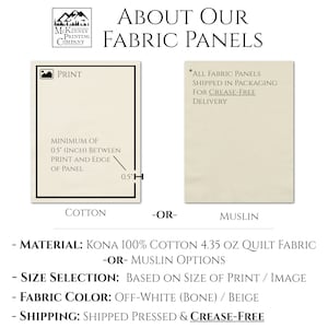 May include: A white fabric panel with the text "ABOUT OUR FABRIC PANELS" printed in black. The panel is available in two materials: Kona 100% cotton 4.35 oz quilt fabric or muslin. The fabric is off-white (bone) or beige and is shipped pressed and crease-free.