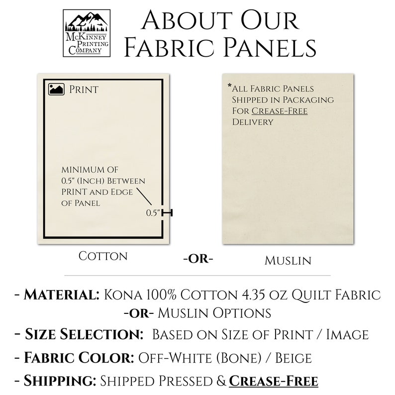 May include: A white fabric panel with the text "ABOUT OUR FABRIC PANELS" printed in black. The panel is available in two materials: Kona 100% cotton 4.35 oz quilt fabric or muslin. The fabric is off-white (bone) or beige and is shipped pressed and crease-free.