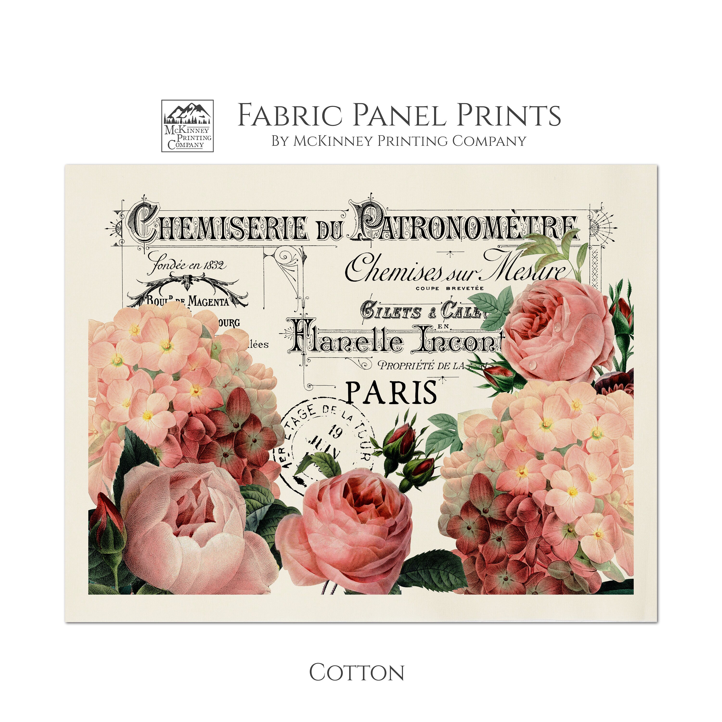 Shabby Chic Fabric, Floral, Paris, Large Print Fabric, Block Print Fabric, Fabric Panel, Vintage, Crafts, Quilt, Small Floral Print Fabric