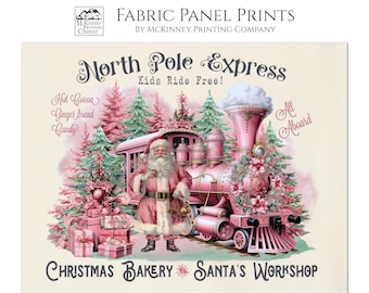 Christmas Fabric Panels, Train, Santa, Farmhouse, Large Print Fabric, Block Print Fabric, Small Print, Pink, Canvas, Cotton, Quilting, Quilt