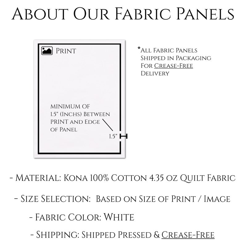 Puede incluir: Un panel de tela blanco con una impresi&oacute;n gr&aacute;fica. El panel est&aacute; hecho de 100% algod&oacute;n Kona y pesa 4,35 oz. La distancia m&iacute;nima entre la impresi&oacute;n y el borde del panel es de 1,5 pulgadas. Todos los paneles de tela se env&iacute;an en un embalaje libre de arrugas.