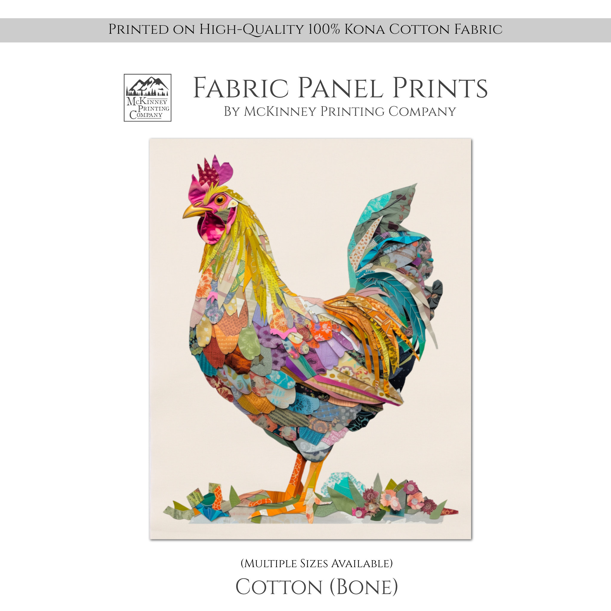 Chicken Fabric, Rooster, Chicken Cotton Fabric, Farm Fabric Panel, Large Print Fabric, Small, Block Print Fabric, Quilt, Wall Art, Canvas
