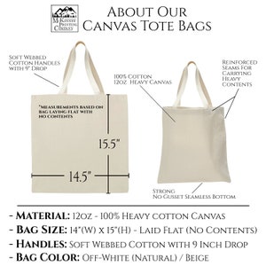 May include: A white canvas tote bag with reinforced seams and a strong, seamless bottom. The bag measures 14 inches wide by 15 inches high and has soft, webbed cotton handles with a 9-inch drop. The bag is made of 12-ounce 100% cotton canvas and is available in off-white (natural) or beige.